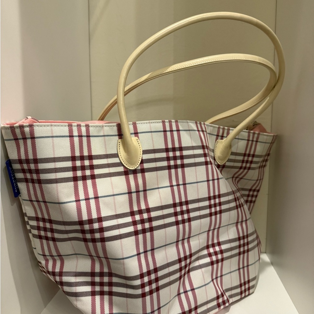 Burberry Plaid Tote Bag with Cream Handles